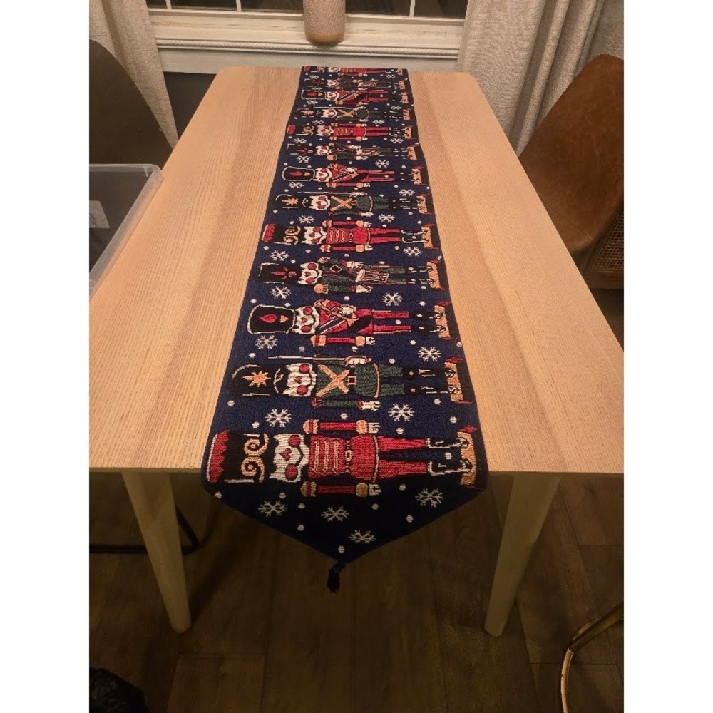 Nutcracker Christmas Table Runner Navy Blue Holiday Tapestry Snowflake Tassels
